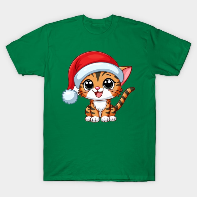 Bengal Cat Wearing Santa Hat Smiling Merry Christmas T-Shirt by Maljonic